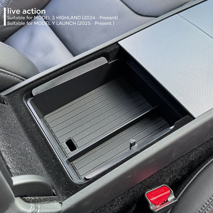 For Tesla Model Y Juniper 2025 Launch Center Console Eyeglasses Storage Box Armrest Box Upper&Lower Silicone Pad Beauty World Shop