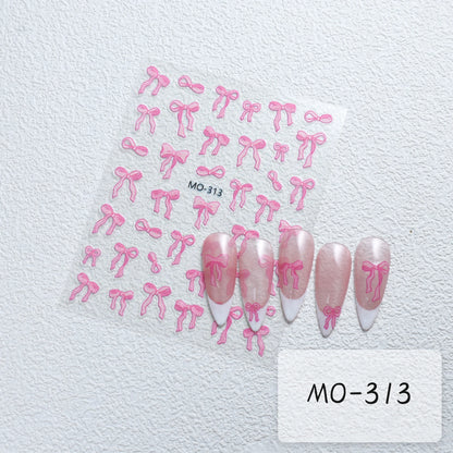 Bowknot Nail Stickers 3D Relief White Ribbon Cute Sweet Pink Self-Adhesive Nail Art Decoration Decals For Nail Tips Manicures Beauty World Shop