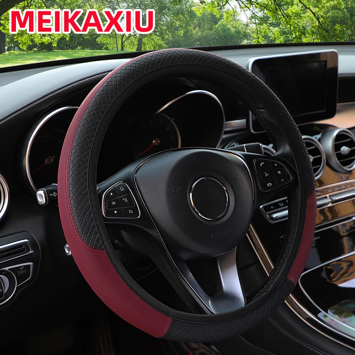 PU leather checkered embossed multi-color car rimless steering wheel cover suitable for 14.5 - 15 inch car interior accessories Beauty World Shop