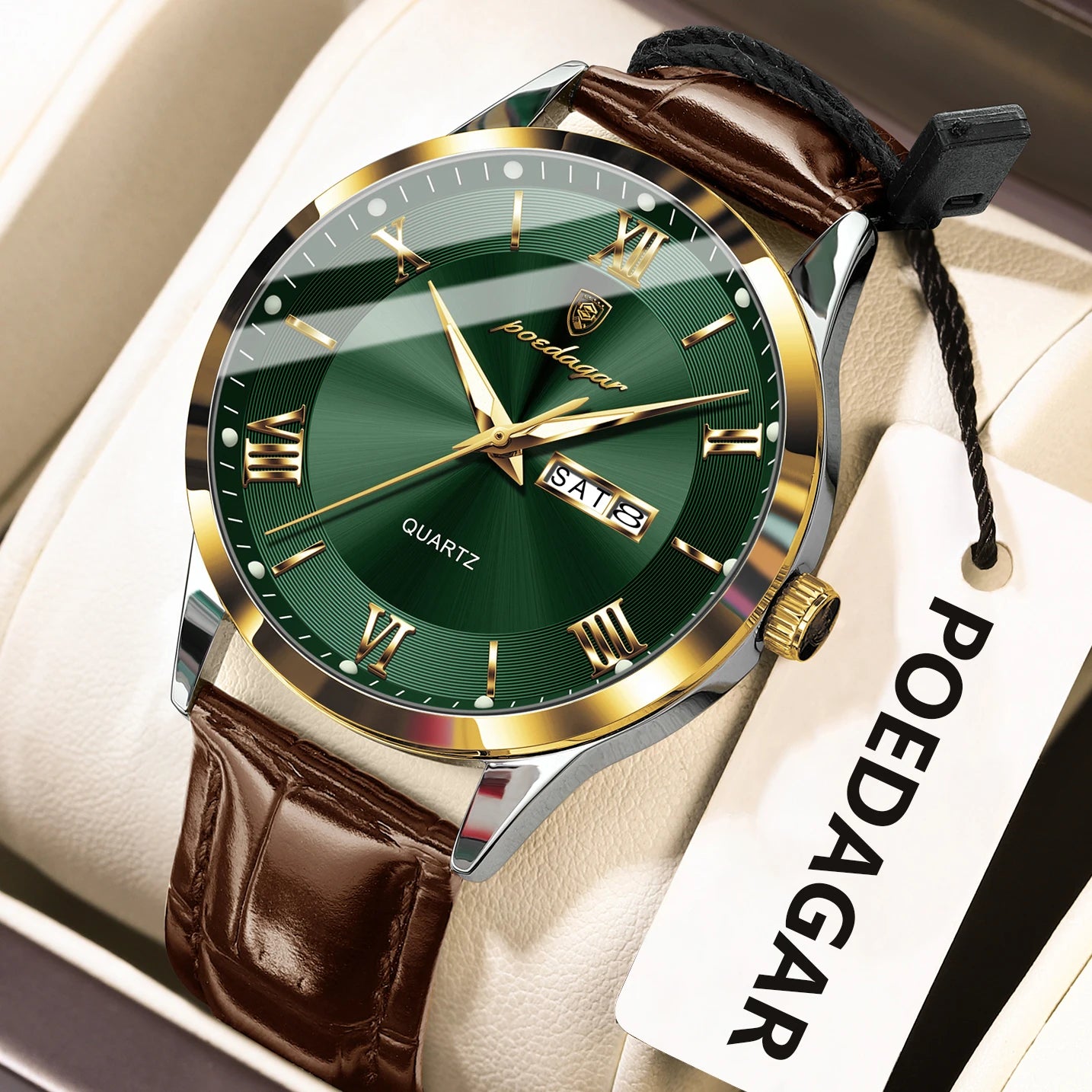 POEDAGAR Business Brand Men Clock Waterproof Luminous Date Week Fashion Man Wristwatch Leather Luxury Men's Quartz Watches Reloj Beauty World Shop