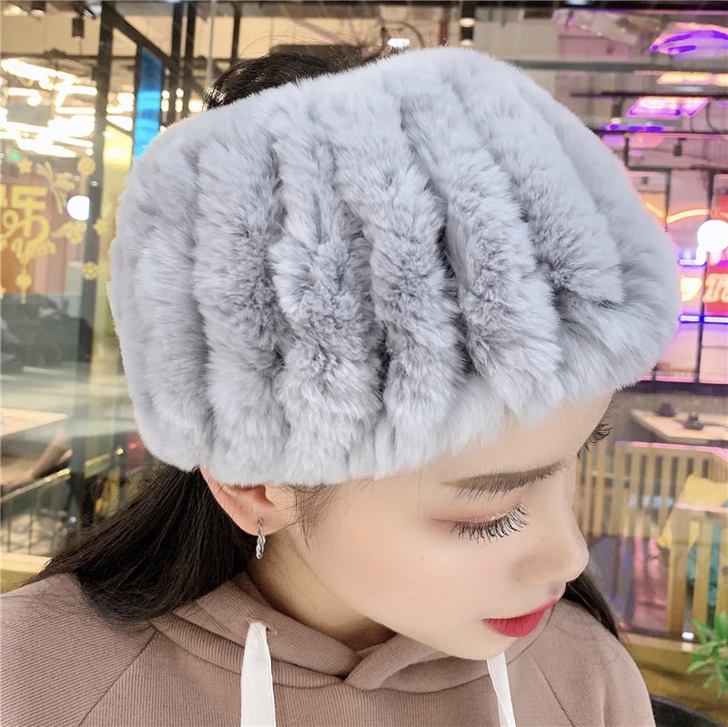 Women Handmade Stretch 100% Real Rabbit Fur Scarf Knit Genuine Rex Rabbit Fur Headbands Girls Natural Rabbit Fur Ring Scarves Beauty World Shop