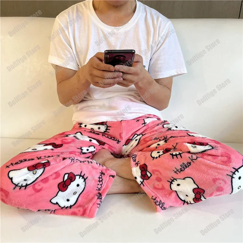 2024 Sanrio Hello Kitty Pajamas Halloween Flannel Fashion Trouserswomen Kawaii Woolen Anime Cartoon Casual Home Pants Autumn Beauty Fashion