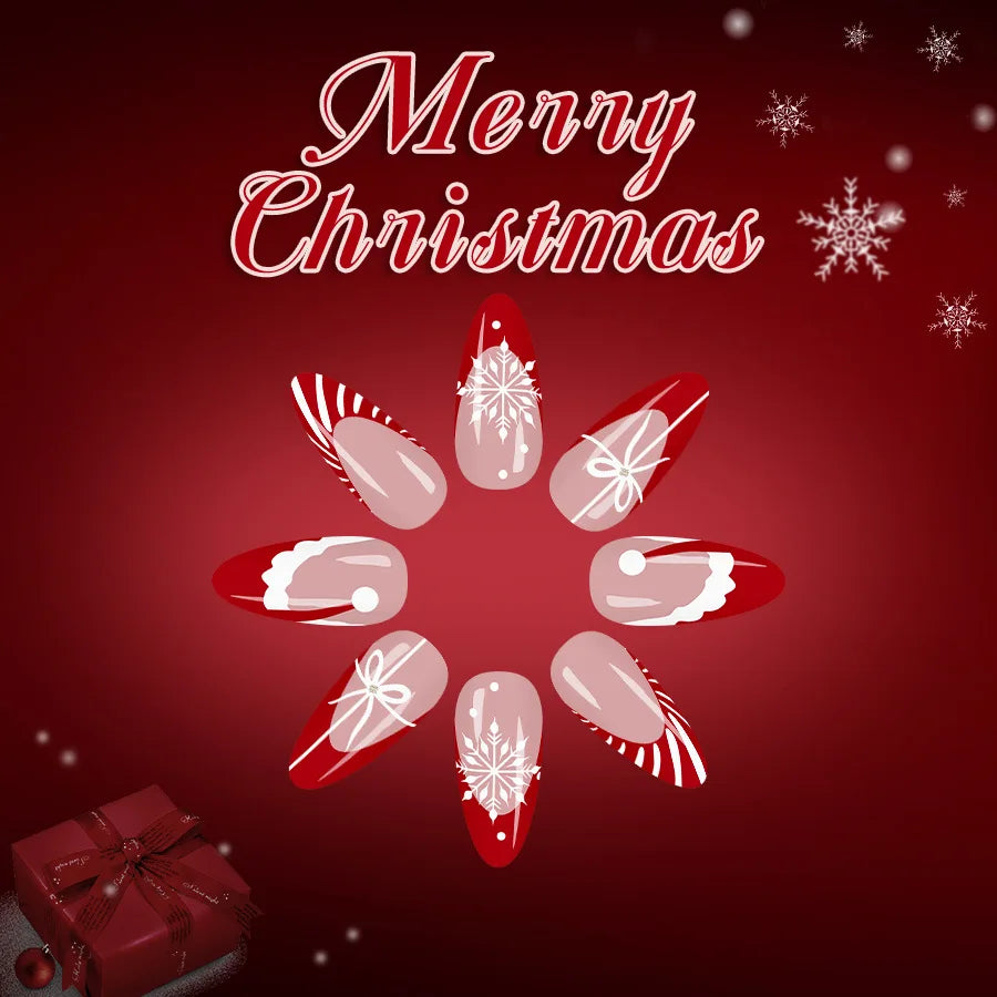 2025 Christmas Red Stripe French Glossy Medium Almond Press On Nails 24pcs with Glitter Snowflake Design Beauty World Shop