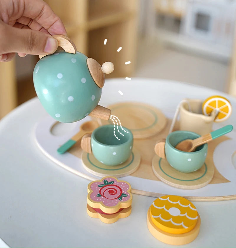 Kids Wooden Tea Set Play House Pretend Make Tea Play With Teapot Teacup Afternoon Snack Role Playing Toys Boys Girls Gift Beauty World Shop