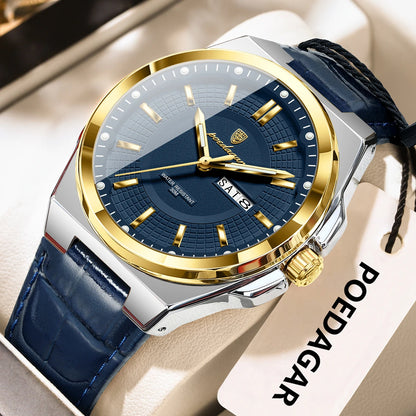 POEDAGAR Fashion Brand Man Wristwatch Waterproof Luminous Date Week Quartz Luxury Men's Watches Leather Business Men Watch Reloj Beauty World Shop