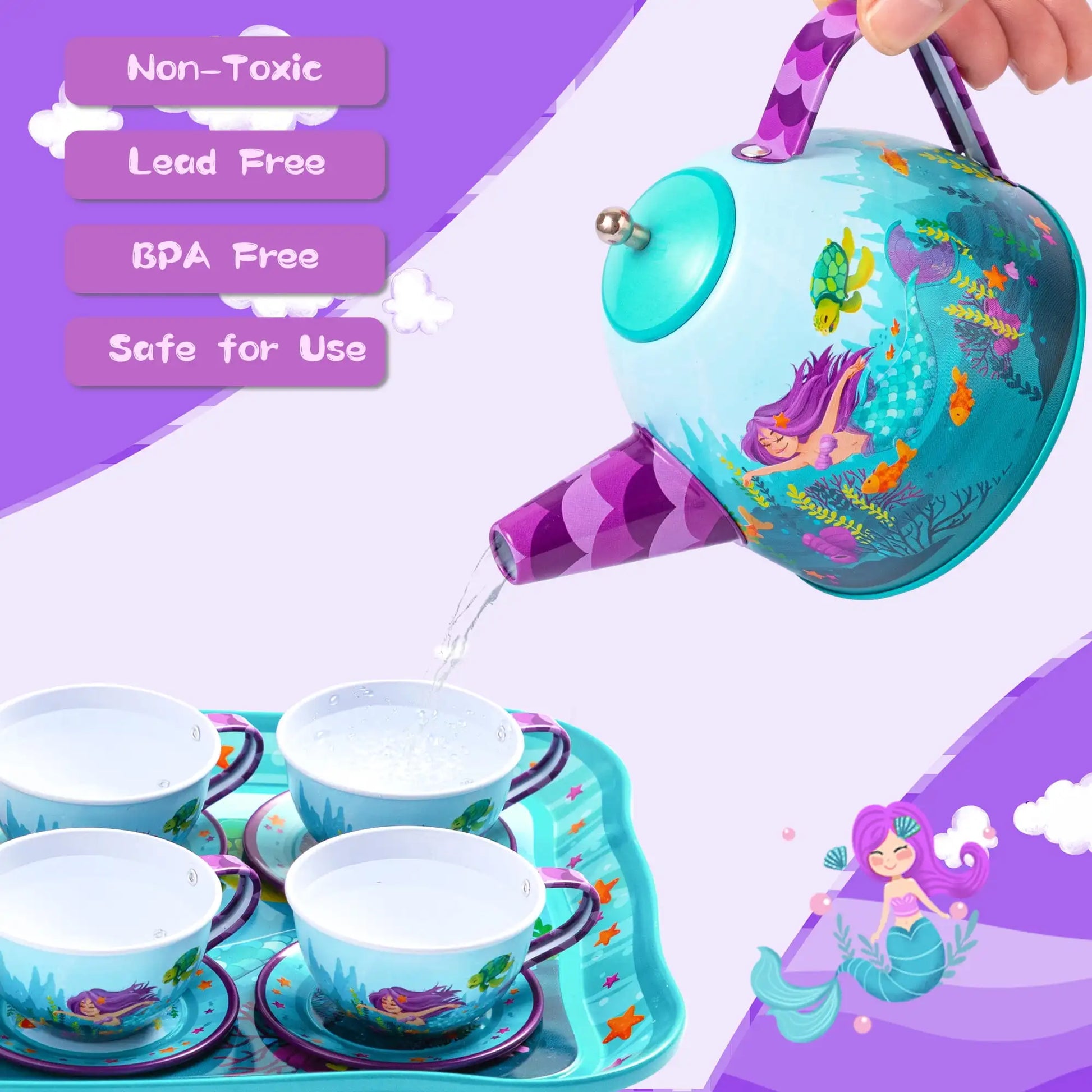Joyfy Kid Tea Set Mermaid Tea Party Set Princess Pretend Play Tin Teapot Set Kitchen Toy for Girls Toddlers 2 3 4 5 6 Years Old Beauty World Shop