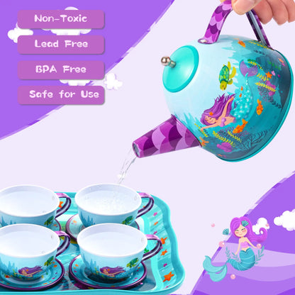 Joyfy Kid Tea Set Mermaid Tea Party Set Princess Pretend Play Tin Teapot Set Kitchen Toy for Girls Toddlers 2 3 4 5 6 Years Old Beauty World Shop