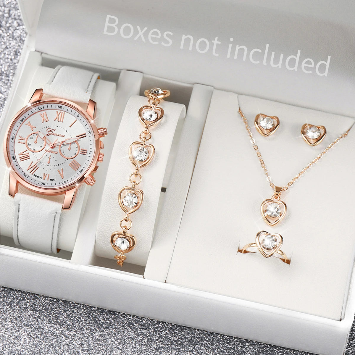 5/6PCS Fashion Women's Quartz Watch Leather Band Analog Wrist Watches Heart Rhinestone Jewelry Set(Without Box) Beauty World Shop