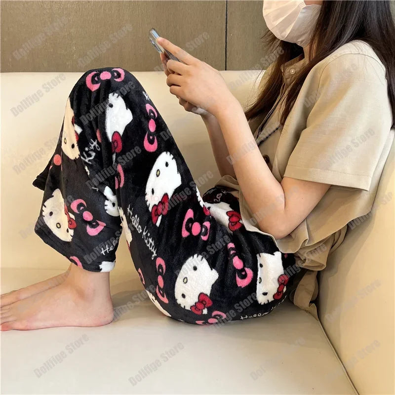 2024 Sanrio Hello Kitty Pajamas Halloween Flannel Fashion Trouserswomen Kawaii Woolen Anime Cartoon Casual Home Pants Autumn Beauty Fashion