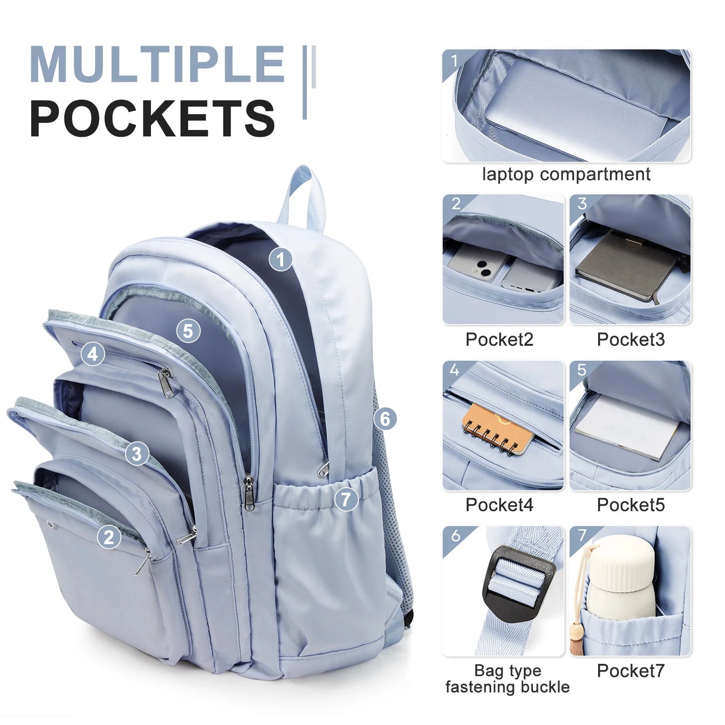 Casual Nylon Backpack, Backpack for Women, Multi-Pocket Design in Light Blue Durable for School, High School and College Bookbag Beauty World Shop