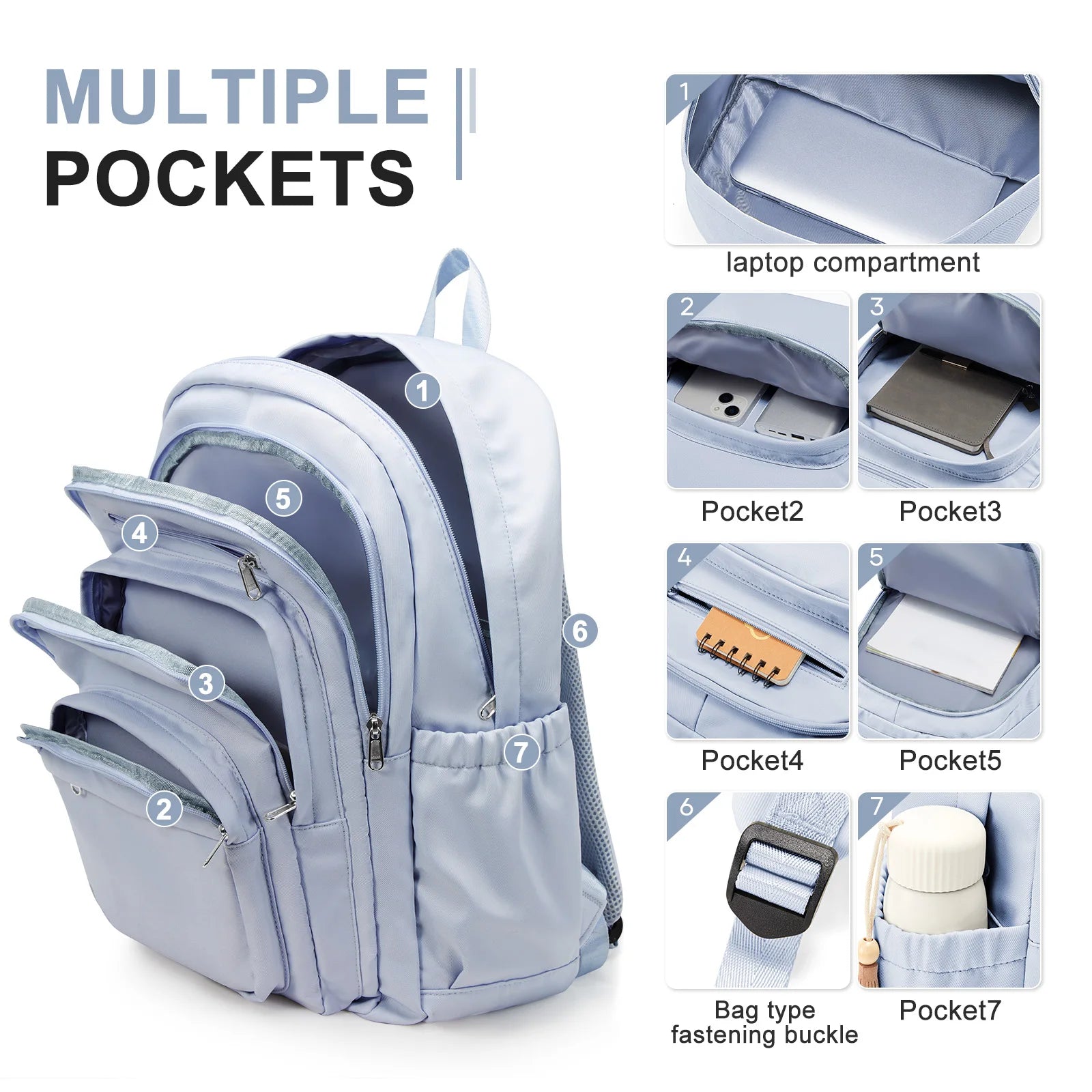 Casual Nylon Backpack, Backpack for Women, Multi-Pocket Design in Light Blue Durable for School, High School and College Bookbag Beauty World Shop