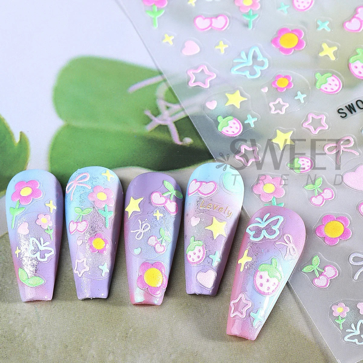 2pcs Sweet Element Nail Art Stickers Simple Flower Heart Cherry Strawberry Kawaii Decals Colorful Bow Butterfly Manicure Sliders Beauty World Shop