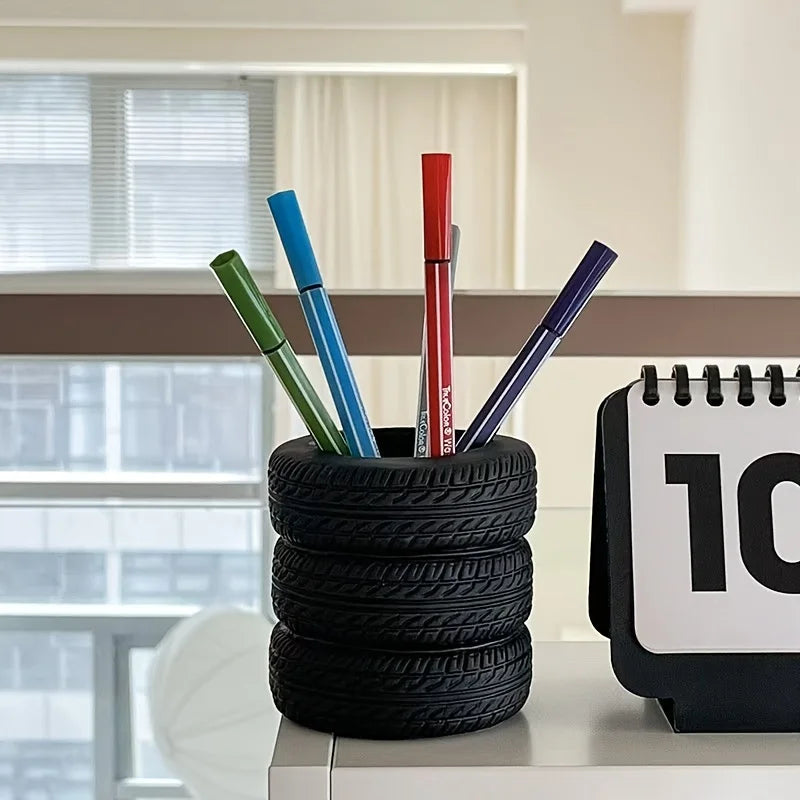 1pcs Fun Tire-Shaped Pen Holder -PVC Desk Organizer, Ideal for School and Office Supplies, Painted Finish, Office Supplies Beauty World Shop