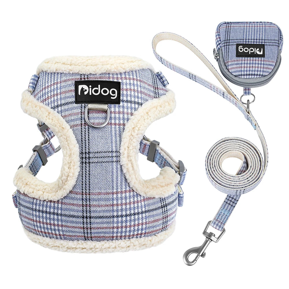 Breathable Dog Harness Leash Bag Set Winter Warm Dog Fur Harnesses Vest Pet Walking Rope With Garbage Bag for Small Medium Dogs