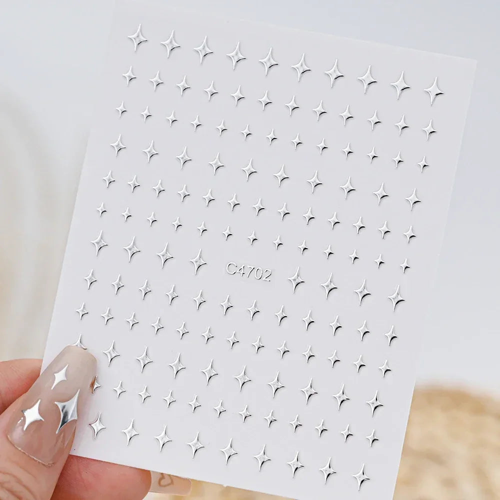 6 Sheets Metal Silver Nail Stickers Metallic 3D Star Nail Art Stickers Decals Self-Adhesive Nail Art Stickers Metal Chain Heart Beauty World Shop