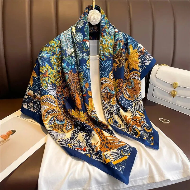 90cm Silk Twill Square Scarf For Women Spring Print Hair Band Hijab Foulard Sunsceen Neckerchief Shawl Wraps Echarpe New Beauty World Shop