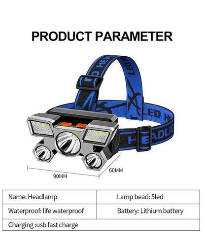 USB Rechargeable Headlamp Portable 5LED Headlight Built In Battery Torch Portable Working Light Fishing Camping Head Light For T Beauty Fashion
