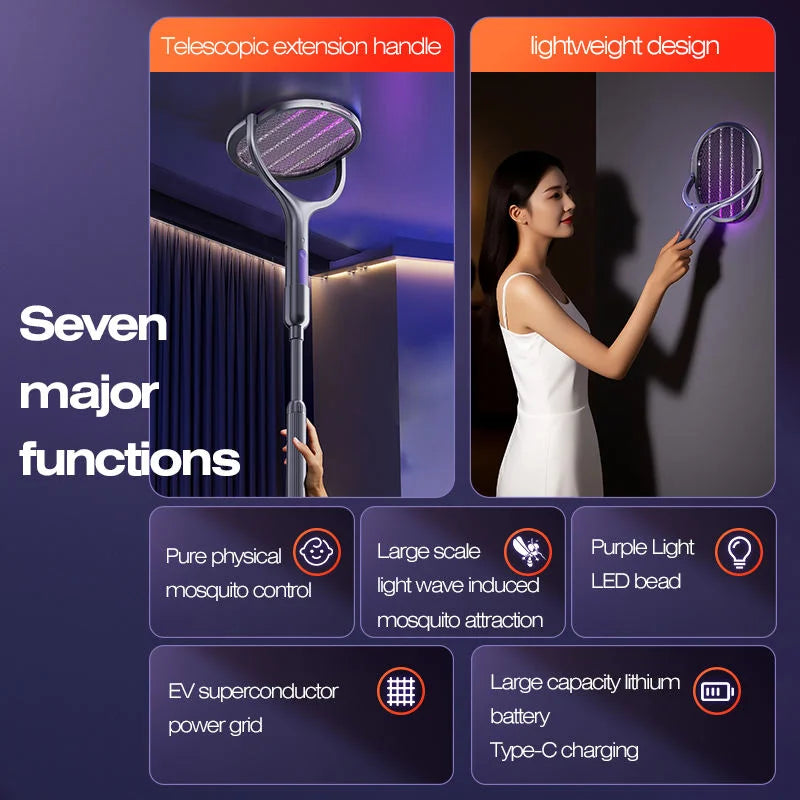 Telescopic Electric Mosquito Swatter & UV Trap Lamp, Extendable 109cm, Safe Physical Killer, Rechargeable, Wall Mount No Gap Beauty World Shop