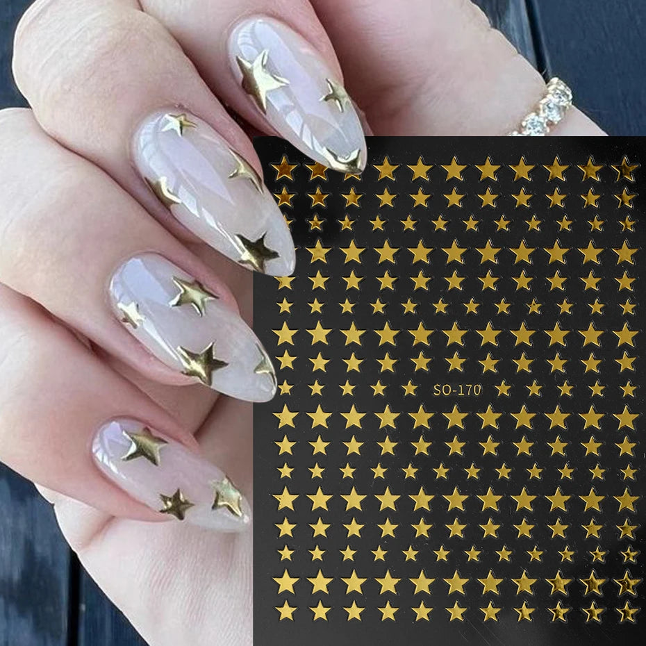 3D Black Pink Stars Stickers for Nails Golden Silvery Stars Adhesive Nail Decals Autumn Winter Festival DIY Nail Art Accessories Beauty World Shop