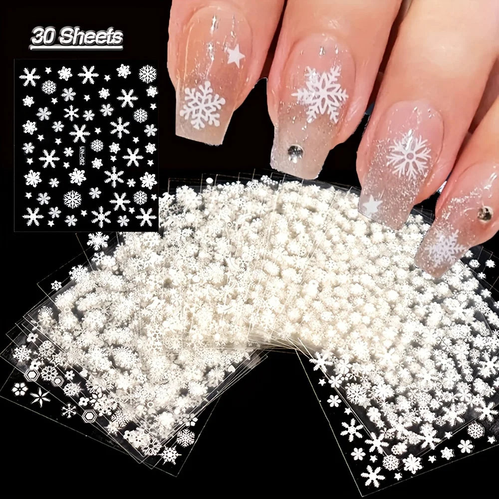 30pcs Sheets Christmas 3D Nail Art Stickers Decals Nail Art Supplies for Women And s - Self-Adhesive Cartoon Snowflake Snowman Beauty World Shop