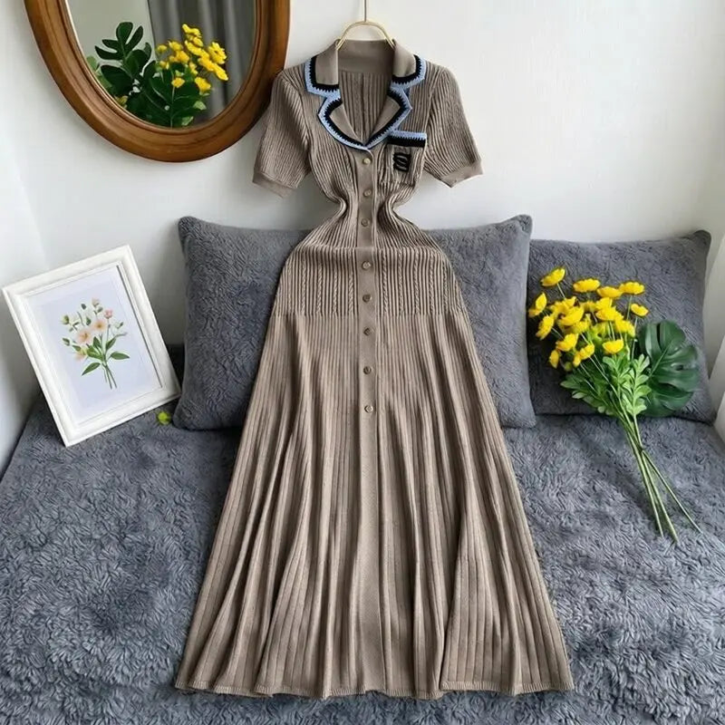 YuooMuoo Brand Fashion Vintage Turn-down Collar Knit Maxi Dress Elegant Single-breasted A-line Long Shirt Dress Lady Vestidos Beauty World Shop
