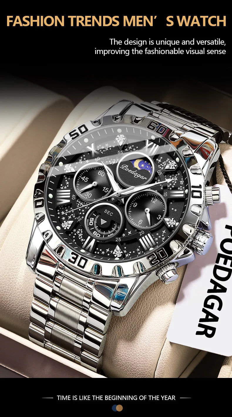 POEDAGAR Luxury Man Watch Waterproof Luminous Stainless Steel Quartz Men's Wristwatch Chronograph Military Watches For Men Reloj Beauty World Shop