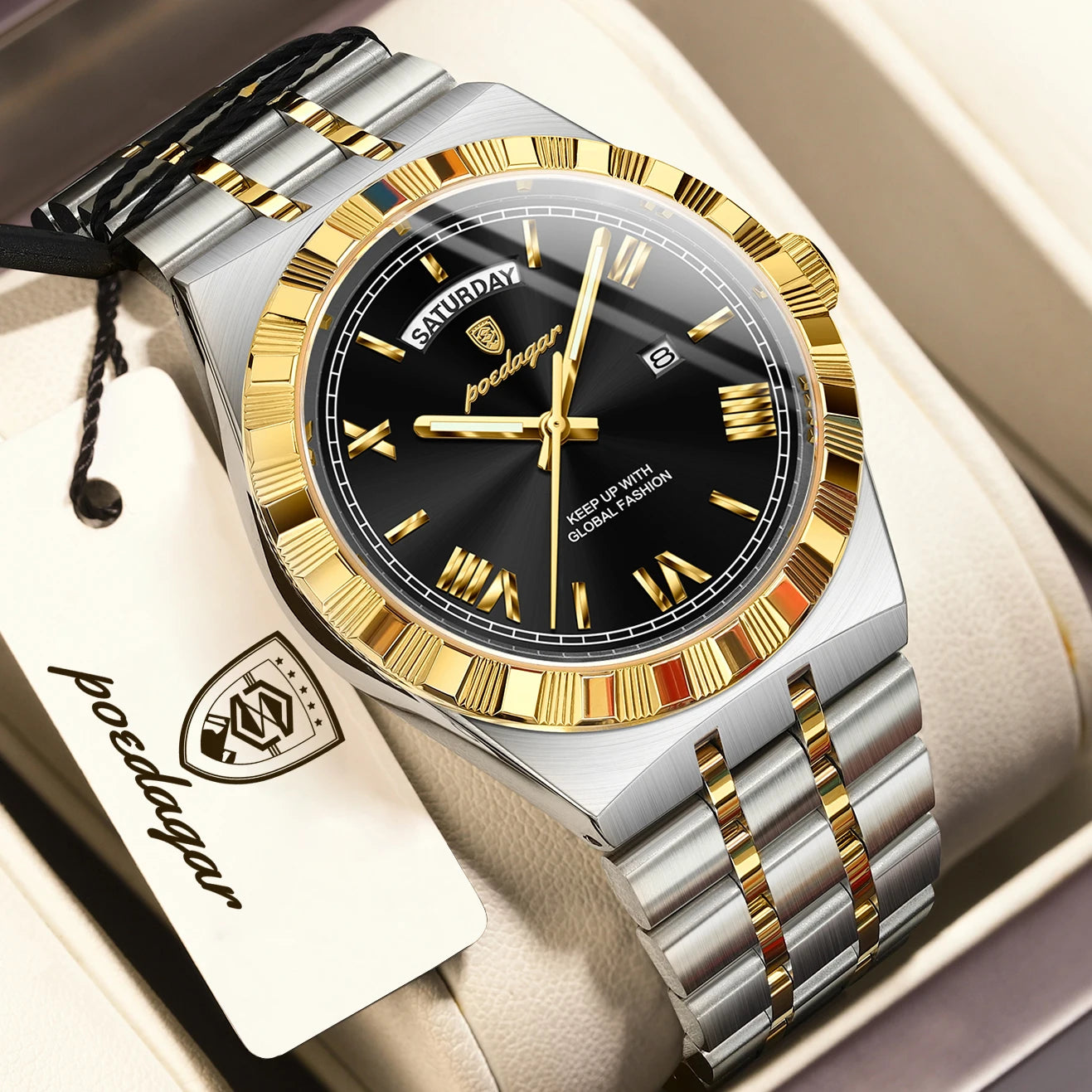 POEDAGAR Fashion Business Men's Watch Luminous Waterproof Week Date Luxury Man Wristwatch Stainless Steel Quartz Watches For Men Beauty World Shop