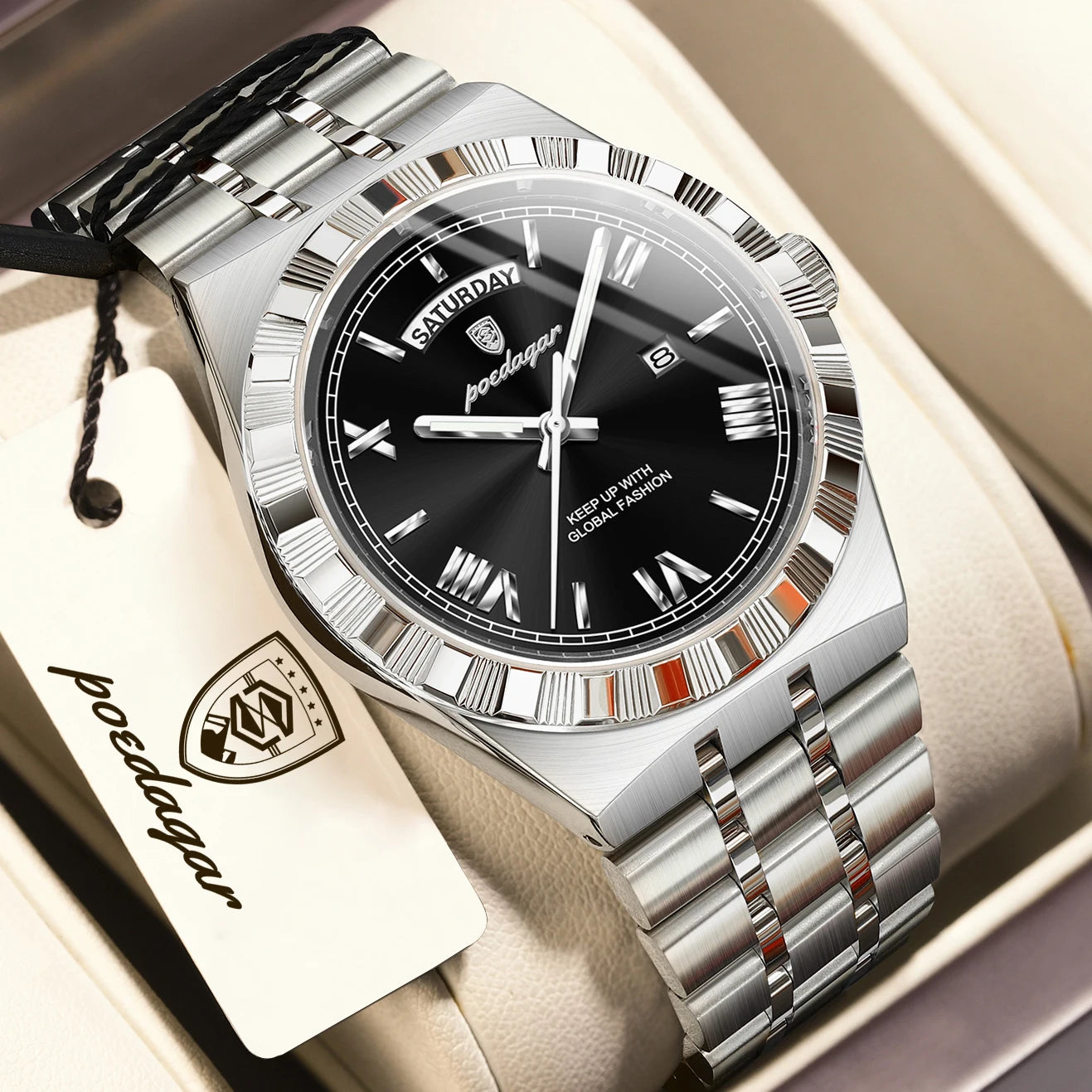 POEDAGAR Fashion Business Men's Watch Luminous Waterproof Week Date Luxury Man Wristwatch Stainless Steel Quartz Watches For Men Beauty World Shop