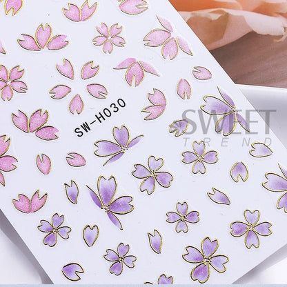 5pcs Metallic Gold Line Flower Nail Stickers 3D Bronzing Border Petals Sakura Leaf Nail Decals Slider DIY Elegant Manicure Decor Beauty World Shop