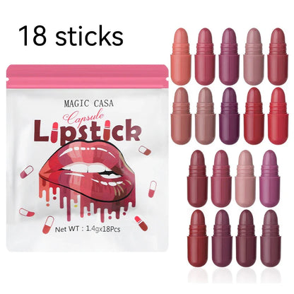 MAGIC CASA 18-Color Capsule Lipstick Set - Mini Matte, Long-lasting, Waterproof, Non-transfer，Soft matte finish Beauty Trend Shop