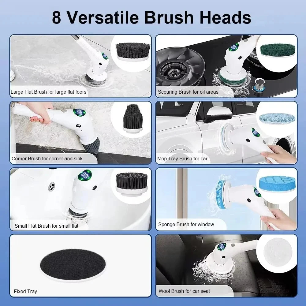 8-in-1 Multifunctional Electric Cleaning Brush Bathroom Kitchen Brush Cleaning With LED NightLight Rotatable Household Brush