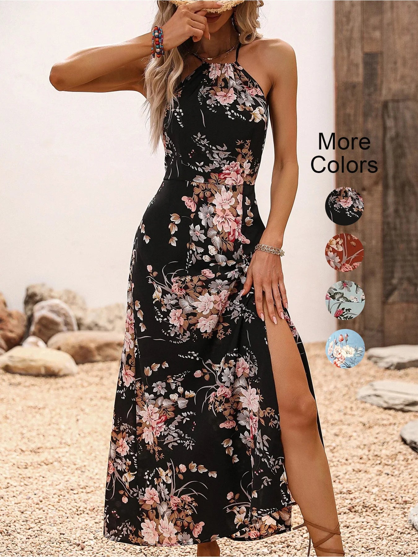 Women's Floral Print High Slit Thigh Halter Dress - Summer Sleeveless Sexy Bodycon Beach Party Clubwear Beauty World Shop