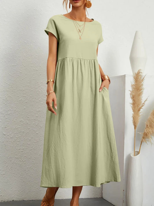 Women Elegant Solid Maxi Dress Summer Short Sleeve O Neck Vintage Harajuku Cotton Linen Loose Sundress Y2K Pockets Long Dress Beauty World Shop