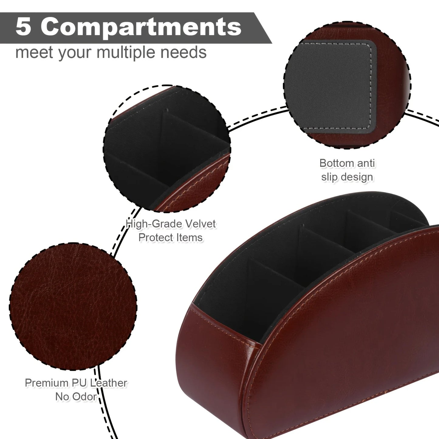 PU Leather Remote Control Holder5Compartments,Multi-Device Organizer for TV/DVD/Blu-Ray,Desk & DrawerStorageBoxHome&OfficeDecor Beauty World Shop