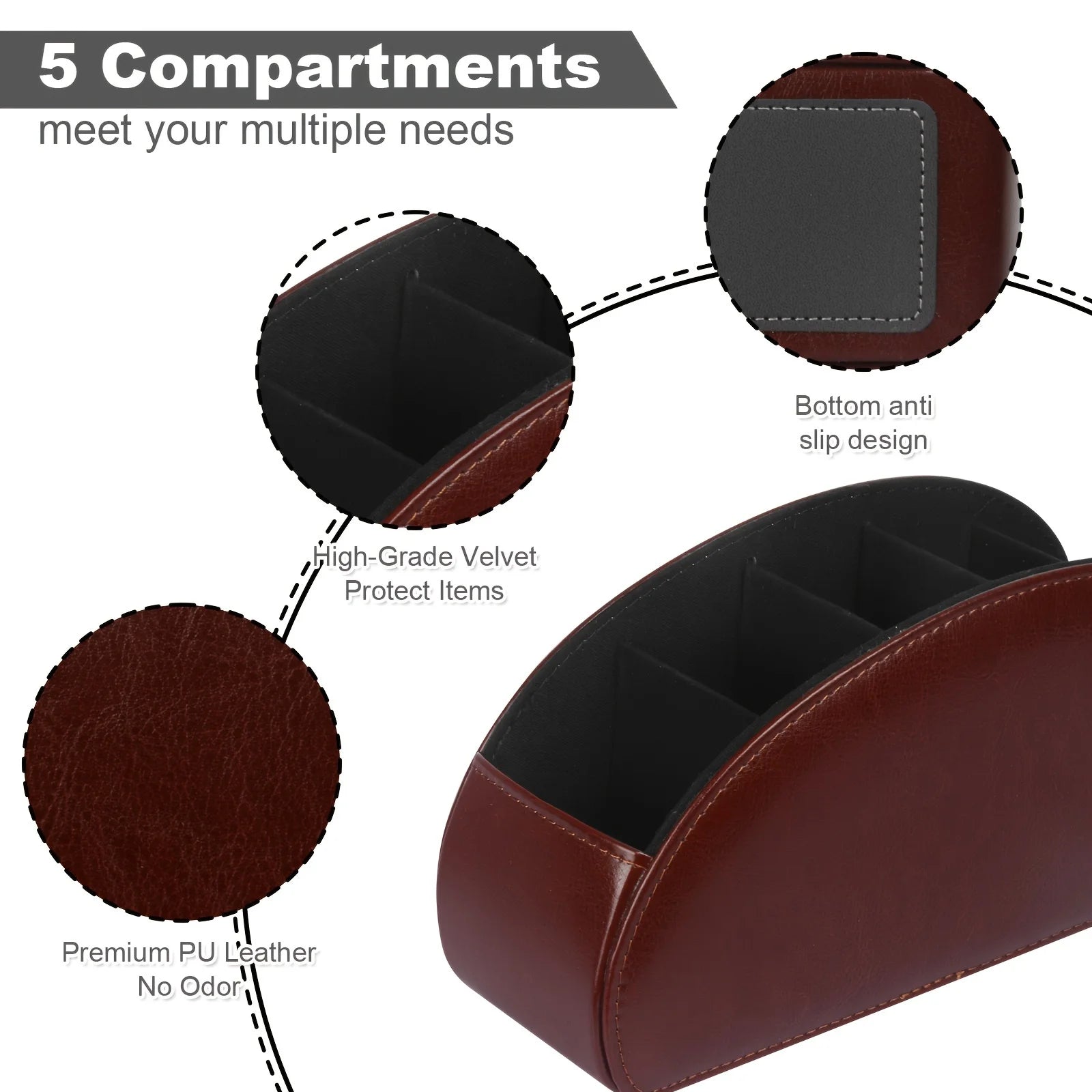 PU Leather Remote Control Holder5Compartments,Multi-Device Organizer for TV/DVD/Blu-Ray,Desk & DrawerStorageBoxHome&OfficeDecor Beauty World Shop