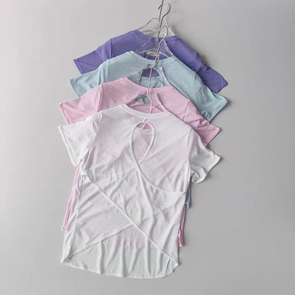 Women's Tight Sports T-shirt Quick Dry Short Sleeve Yoga T-shirt Pilates Fitting Fitness Back Hollow Out Running T-shirt Beauty World Shop