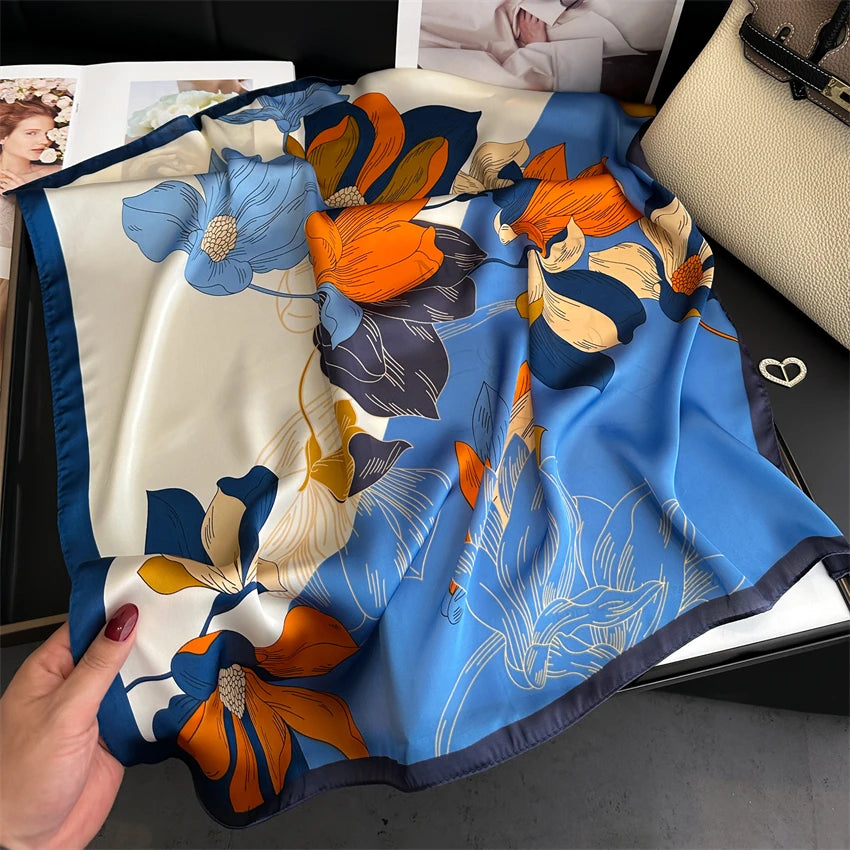 Luxury 2024 Silk Print Hair Scarf Women Floral Kerchief Neck Tie Hand Wrist Foulard Shawl Wraps Head Hijab Bandana Echarpe Beauty World Shop