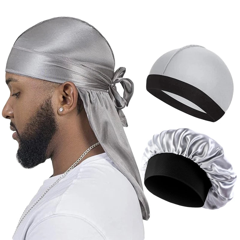 3PCS/LOT Men Silky Durag Long Tail Pirate Hat Headband Turban Dome Wave Cap Unisex Wig Cap Elastic Band Satin Bonnet Beauty World Shop