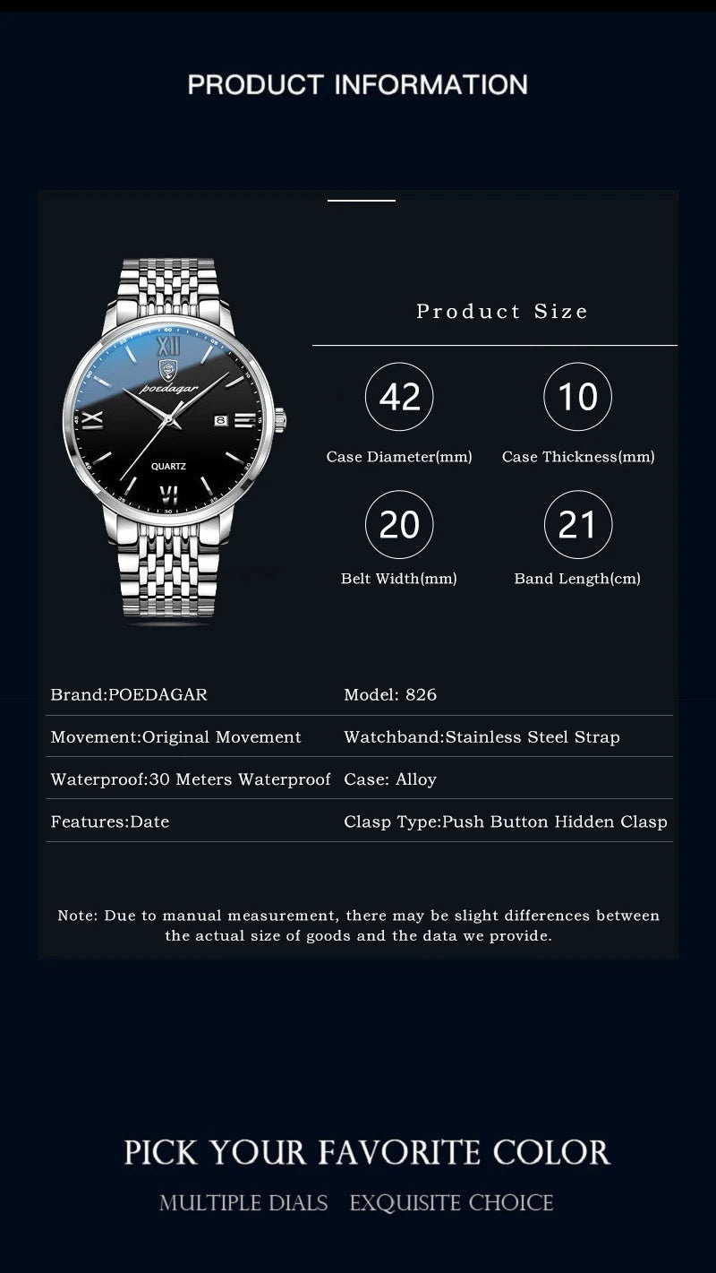 POEDAGAR Luxury Sports Men's Wristwatch Stainless Steel Waterproof Date Man Watch High Quality Casual Fashion Quartz Men Watches Beauty World Shop