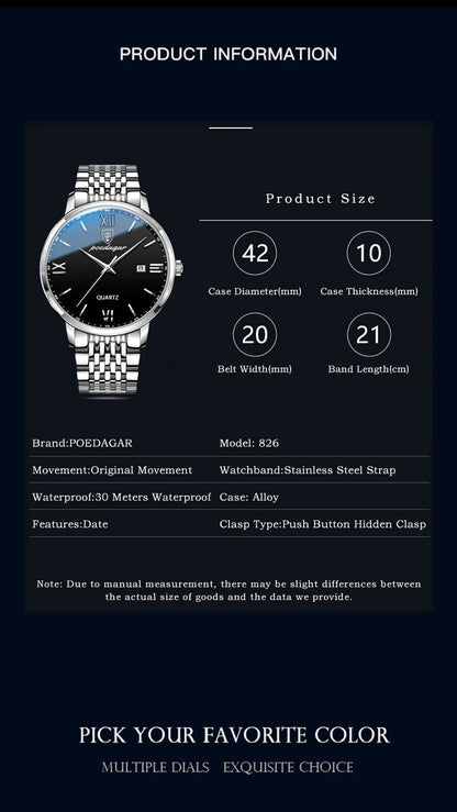 POEDAGAR Luxury Sports Men's Wristwatch Stainless Steel Waterproof Date Man Watch High Quality Casual Fashion Quartz Men Watches Beauty World Shop