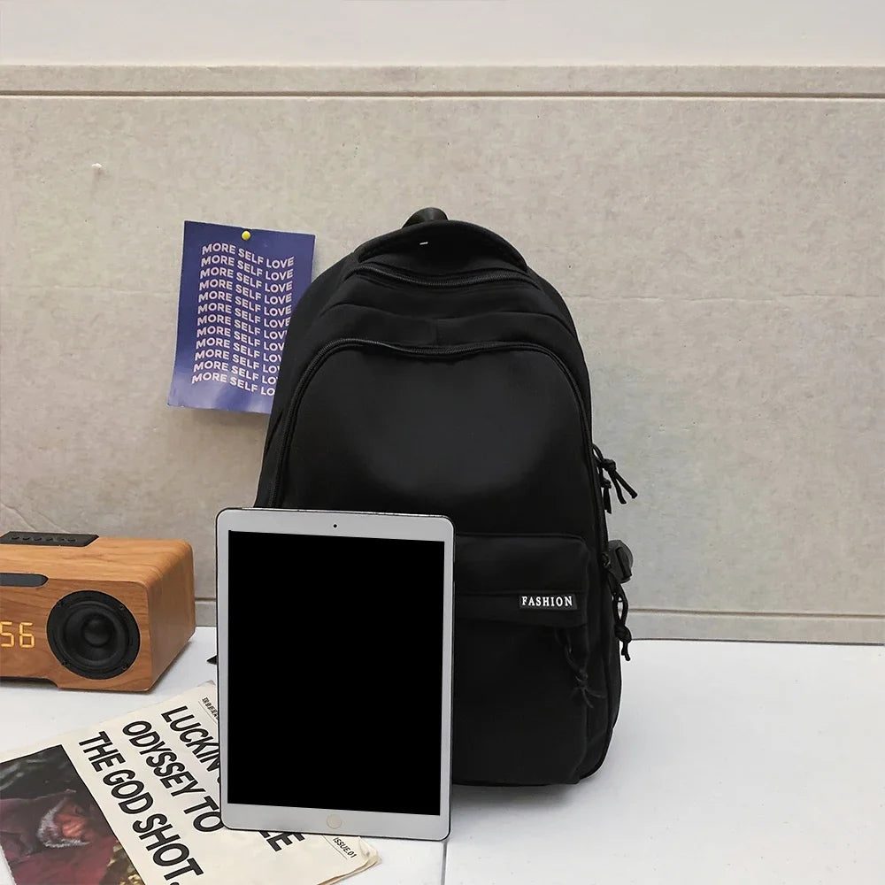 Large Capacity Solid Color Student Backpack Junior and High School Simple Black Travel Backpack Beauty World Shop