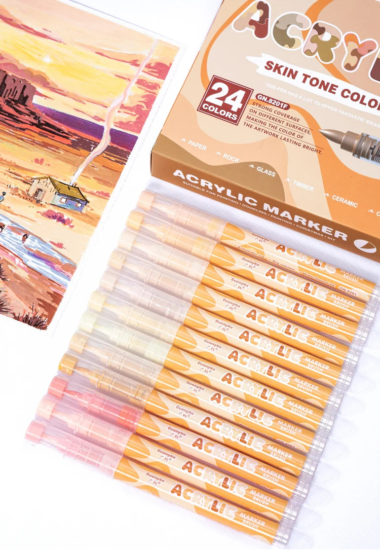GuangNa 12-72 Colors Soft Brush Acrylic Marker Pen Set,Skin Tone, Macaron color,DIY Hand Drawn,Paint Art Markers pens,GN.8201F/M Beauty World Shop
