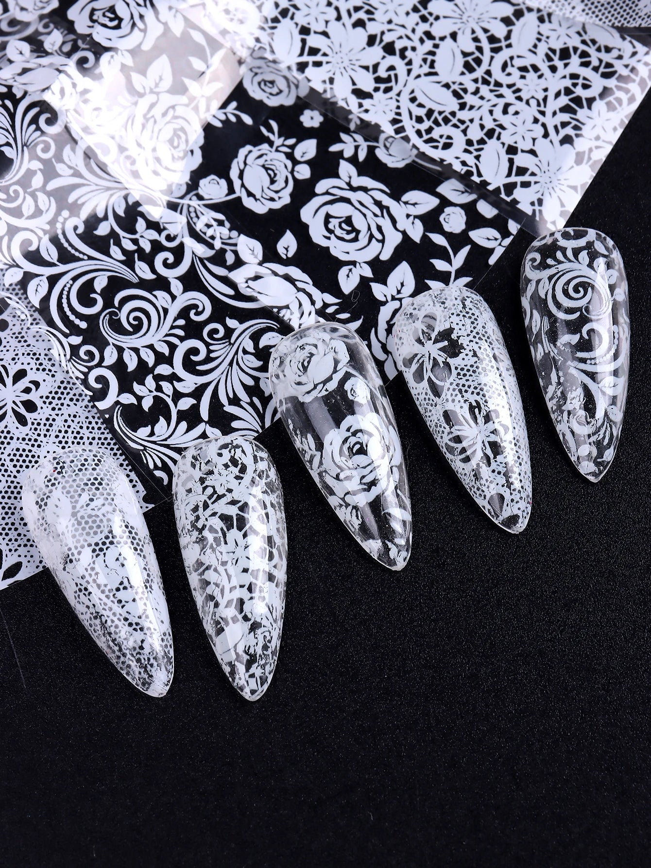 10 Sheets Lace Nail Foil White & Black Nail Stickers Design Transfer Foils Starry Sky Paper Nail Art Foil Decals for Nails Salon Beauty World Shop
