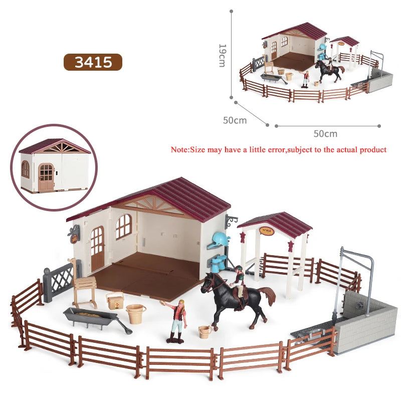 Oenux Farm Stable House Model Action Figures Emulational Horseman Horse Animals Playset Figurine Cute Educational Kids Toy Gift Beauty World Shop