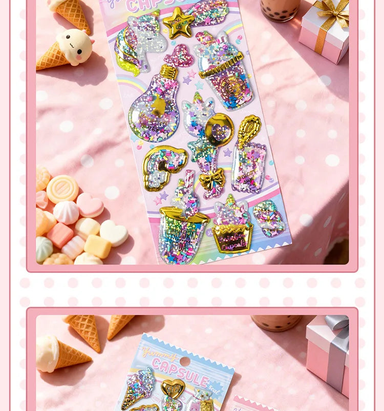 Kawaii Capsule Sparkling 3D Stickers Scrapbooking Diy Journal Stationery Sticker Cute Deco Art School Supplies Beauty World Shop