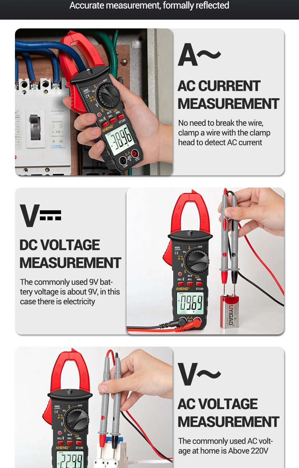 ANENG ST180 AC Current Clamp Meter  Digital 4000 Counts Multimeter Ammeter Voltage Tester Car Amp Hz Capacitance NCV Ohm Tool Beauty World Shop