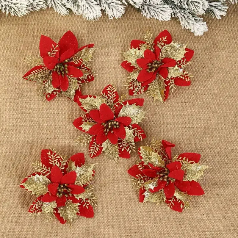 Christmas Glitter Artificial Flowers Christmas Tree Hanging Ornaments Fake Flower for Home 2025 Xmas New Year 2026 Navidad Gift Beauty World Shop