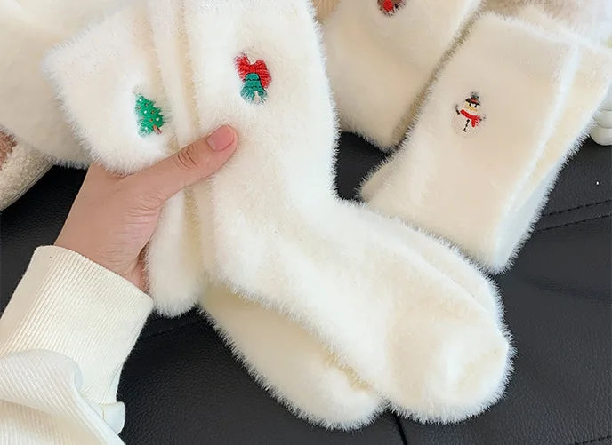 Autumn And Winter Socks, White Mink Fur Christmas Socks, Snowman Santa Claus Christmas Tree Elements, Thickened Warm Socks Beauty World Shop