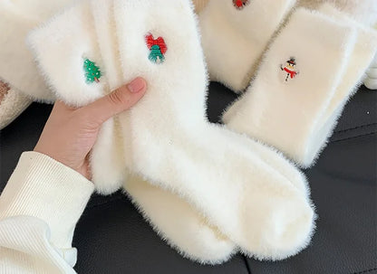 Autumn And Winter Socks, White Mink Fur Christmas Socks, Snowman Santa Claus Christmas Tree Elements, Thickened Warm Socks Beauty World Shop