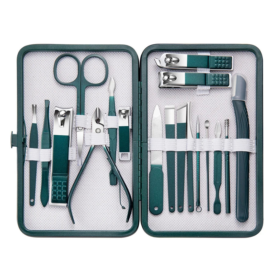 Green Manicure Set With Leather Case Professional Foot And Face Care Tool Kits Stainless Steel Nail Clipper Sets Gift Beauty Fashion